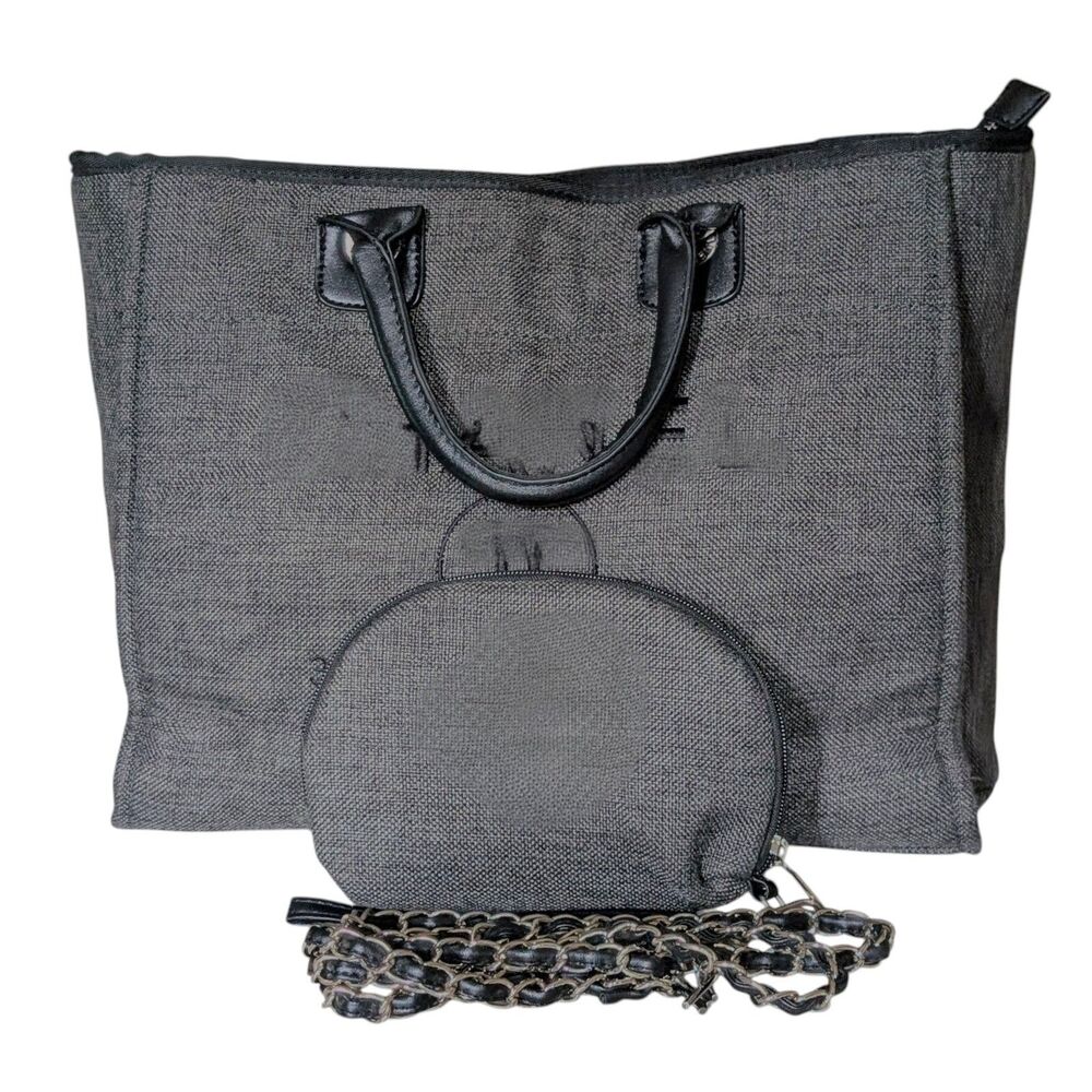 Women's Large Fashion Type Black & Grey Top Handle Tote Bag With Matching Pouch